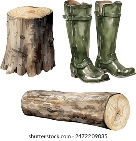 Vector Watercolor hiking clipart, hunting boots, forest stump, log, illustrations for camping trip, invitation, greeting cards, birthday, event, holiday, wedding card, printable.