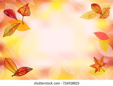 Vector and watercolor horizontal autumn background with fall leaves, blurred texture, organic silhouettes, and a place for text, a greeting card or invitation design template