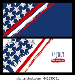 Vector watercolor horizontal banners and backgrounds. 4th of July, USA Independence Day. Watercolor USA flag on white and blue background. Design for greeting card, holiday banner, flyer, poster. 