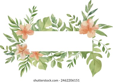 Vector Watercolor horizontal frame with beautiful flowers, monstera, palm leaves. Template space for text. Greeting cards, invitation, gender party, baby shower, birthday, event, holiday, wedding card