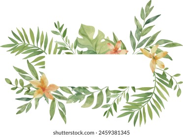 Vektorgrafik Aquarell Horizontaler Safarirahmen mit Blumen und Blättern. Vorlage für Text. Grußkarten, Einladung, Geschlechterparty, Babydusche, Geburtstag, Veranstaltung, Feiertag, Hochzeitskarte, bedruckbar.