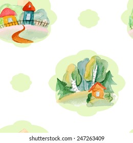 vector watercolor houses and forest seamless pattern.  It can be used for wallpaper, fabric design, textile design, cover, wrapping paper, banner, card, background