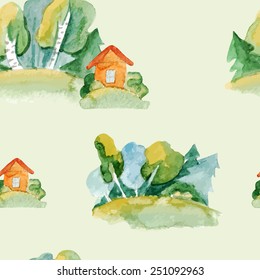 vector watercolor houses and forest seamless pattern.  It can be used for wallpaper, fabric design, textile design, cover, wrapping paper, banner, card, background