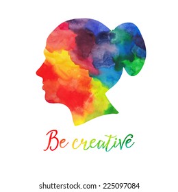 Vector  watercolor human head icon. Female. Woman. Watercolor creative concept. Vector concept - creative person. Lettering. quote. Creative artist