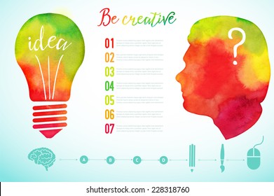 Vector watercolor human head icon. Watercolor creative concept. Creative person. Lettering. quote. Creative artist, Light bulb, creative research icons, Vector concept - creativity and idea. 