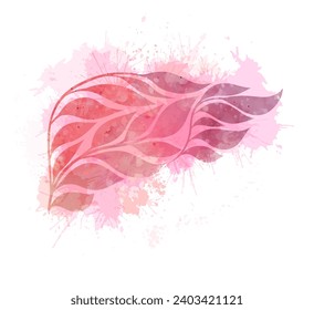 Vector watercolor human healthy liver from leaves isolated from background. The pink internal organ with splashes. Taking care of your body. Transplantation of healthy organs.