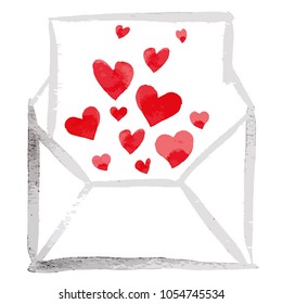 Vector watercolor illustrated mail envelope with red heart painted for holiday of love, Valentine's day.