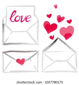 Vector watercolor illustrated mail envelope with pink heart painted for holiday of love, Valentine's day with calligraphy lettering.