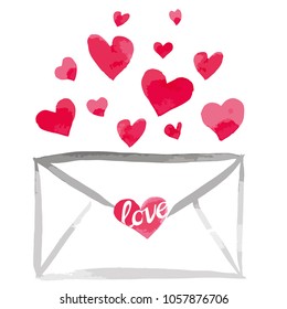 Vector watercolor illustrated mail envelope with red heart painted for holiday of love, Valentine's day with calligraphy lettering.
