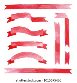 Vector watercolor illustrated red ink color ribbons set for card design 
