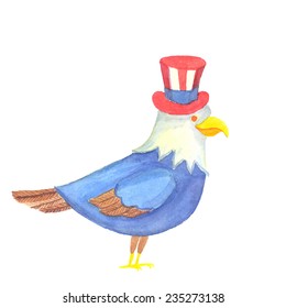 Vector watercolor illustration. American Eagle, in white, blue and red hat and jacket.