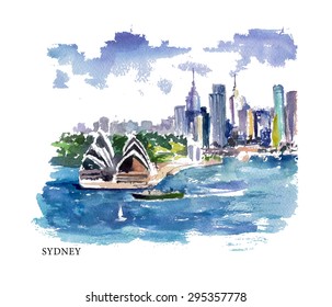 Vector watercolor illustration of Australia sightseeings and Sydney seacoast with text place. Good for warm memory postcard design, any graphic, map design or book illustration.