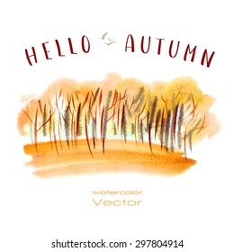 Vector watercolor illustration autumn orange trees