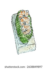 Vector watercolor illustration of Avocado Prawn Toast on white background	
