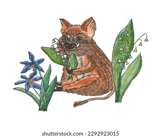 vector watercolor illustration of a baby boar sitting among spring flowers
