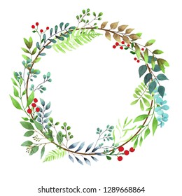 Vector watercolor illustration. Beautiful wreath. Colorful greeting card with leaves and branches. Spring flowers for invitation, wedding or postcard.