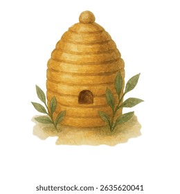 Vector watercolor illustration of a beehive, made by hand. Apiary is a hand-painted watercolor. Bee for postcard design, packaging, logo