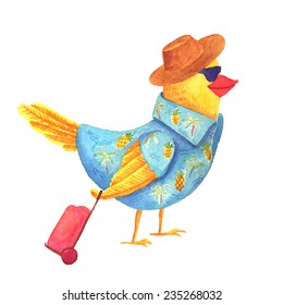 Vector watercolor illustration. Bird in a Hawaiian shirt, hat, sunglasses with a suitcase on vacation.