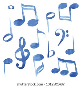 Vector watercolor illustration of blue ink music notes and keys set