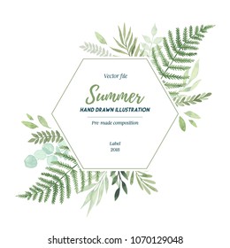Vector watercolor illustration. Botanical label with Green leaves, herbs, ferns and branches. Floral Design elements. Perfect for wedding invitations, greeting cards, blogs, posters and more