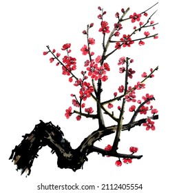 Imagen de la acuarela vectorial de la rama de un árbol frutal floreciente. Flores estilizadas rosas y rojas de ciruela, albaricoques salvajes y sakura.