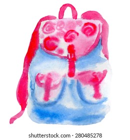 Vector watercolor illustration of bright stylish pink and blue backpack
