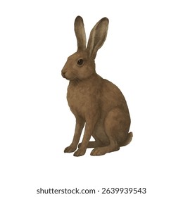 Vector watercolor illustration of brown hare standing on a white background. Hand-painted realistic animal art, perfect for textile design, print materials, packaging, posters, and decorative projects