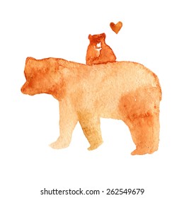 Vector watercolor illustration with brown mother bear and her baby. Card for mother with cute animals. Retro postcard for mom. Happy mothers day. Watercolor family background