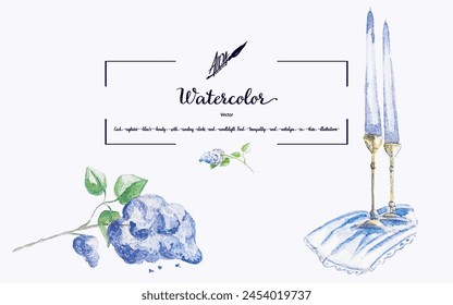 Vector watercolor illustration: a candle on a napkin beside a lilac branch. Enhance printed materials with its serene charm