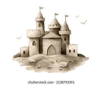 Vector Watercolor Illustration. Castle Or Fortress. Sand Castle