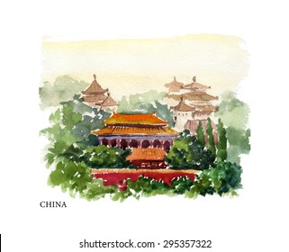 Vector watercolor illustration of China sightseeings and seacoast with text place. Good for warm memory postcard design, any graphic design or book illustration.