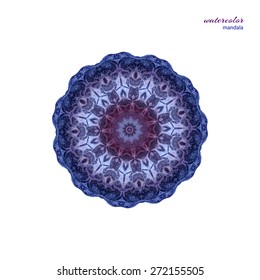 Vector watercolor illustration - circular element, mandala. Circular pattern in ethnic style in blue purple tones.