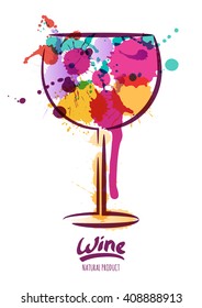 Vector watercolor illustration of colorful wine glass and hand drawn lettering. Abstract watercolor background. Design concept for wine label, wine list, menu, party poster, alcohol drinks.