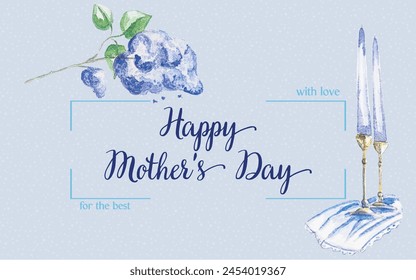 Vector watercolor illustration for commercial printing, featuring a blue backdrop with a lilac branch and candle, ideal for Mother's Day greetings. This charming artwork enhances 