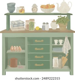 Vector Watercolor illustration. Country cupboard, vintage, retro, Italian style. Illustrations for creative cooking, invitation, greeting cards, birthday, event, holiday, menu; cooking class.