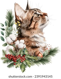  Vector watercolor illustration of Cute cat is looking forward to Christmas,Christmas bells and bouquet leaves,Candy canes and cookies, winter animals illustration