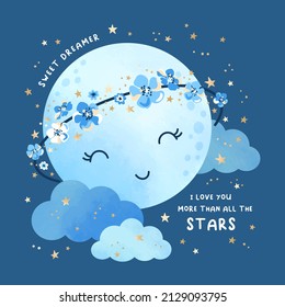 Ilustración de la acuarela vectorial con adorable luna llena dormida en flores, nubes y estrellas doradas. Fondo azul de la caricatura del cielo nocturno