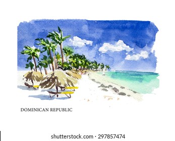 Vector watercolor illustration of Dominican Republic sightseeings and seacoast with text place. Good for warm memory postcard design, any graphic design or book illustration.