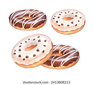 Vector Watercolor illustration of Donuts isolated white background.