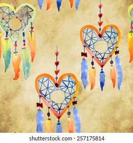 vector watercolor illustration with dream catchers on the vintage background. Vector pattern with hearts 