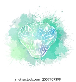 Vector watercolor illustration of evil snake heads on paint spray Symbol of 2025 Chinese New Year. Green serpent illustration