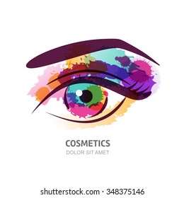 Vector watercolor illustration of the eye with colorful pupil. Abstract logo design element. Watercolor eye background. Design concept for contact lens, optical shop, makeup, visage and cosmetics. 