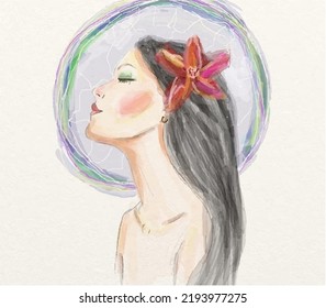 vector watercolor illustration of a fashionable girl in profile with a flower in her hair