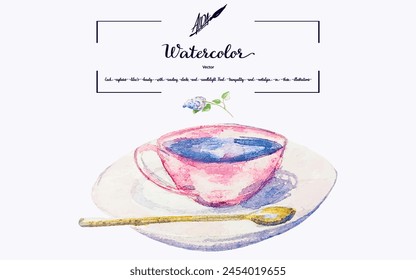 Vector watercolor illustration featuring a delicate teacup on a saucer with a golden spoon resting beside it. This elegant composition is perfect for enhancing printed materials with 