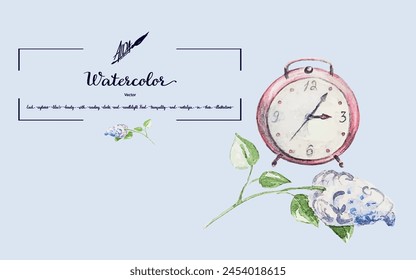 Vector watercolor illustration featuring red clocks paired with a lilac branch. This composition adds a touch of elegance to any printed material.