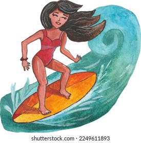 vector watercolor illustration girl surfer riding a wave