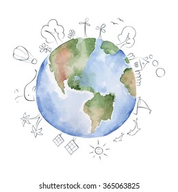 Vector watercolor Illustration --  green planet