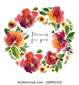 Vector watercolor illustration greeting card for Valentine's day, Women's Day, wedding, birthday, other holiday, cute summer and spring card. Floral element with  flower wreath on white background