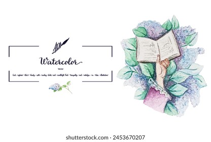 Vector watercolor illustration: A hand holds an open book against a lush lilac backdrop. Ideal for enhancing printed materials.