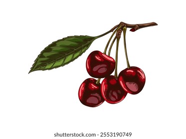 Vector watercolor illustration of Hand sketch with branch, leaves and ripe cherries. Organic element design for summer food products. Grained drawing of berry on isolated background.